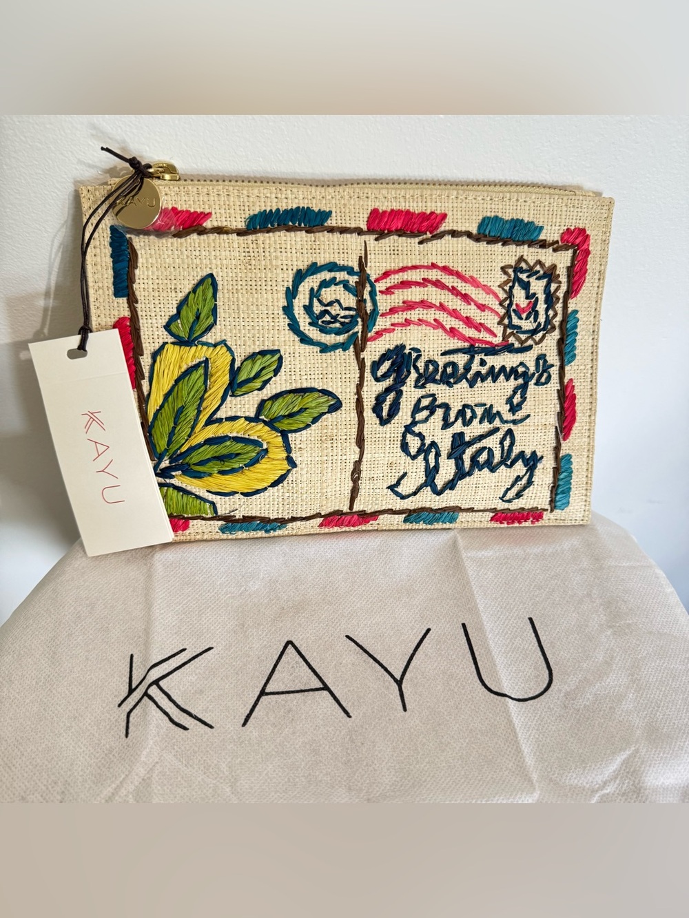 KAYU Woven Straw Tropical Italy Postcard Handmade Clutch Zip Wallet Embroidered